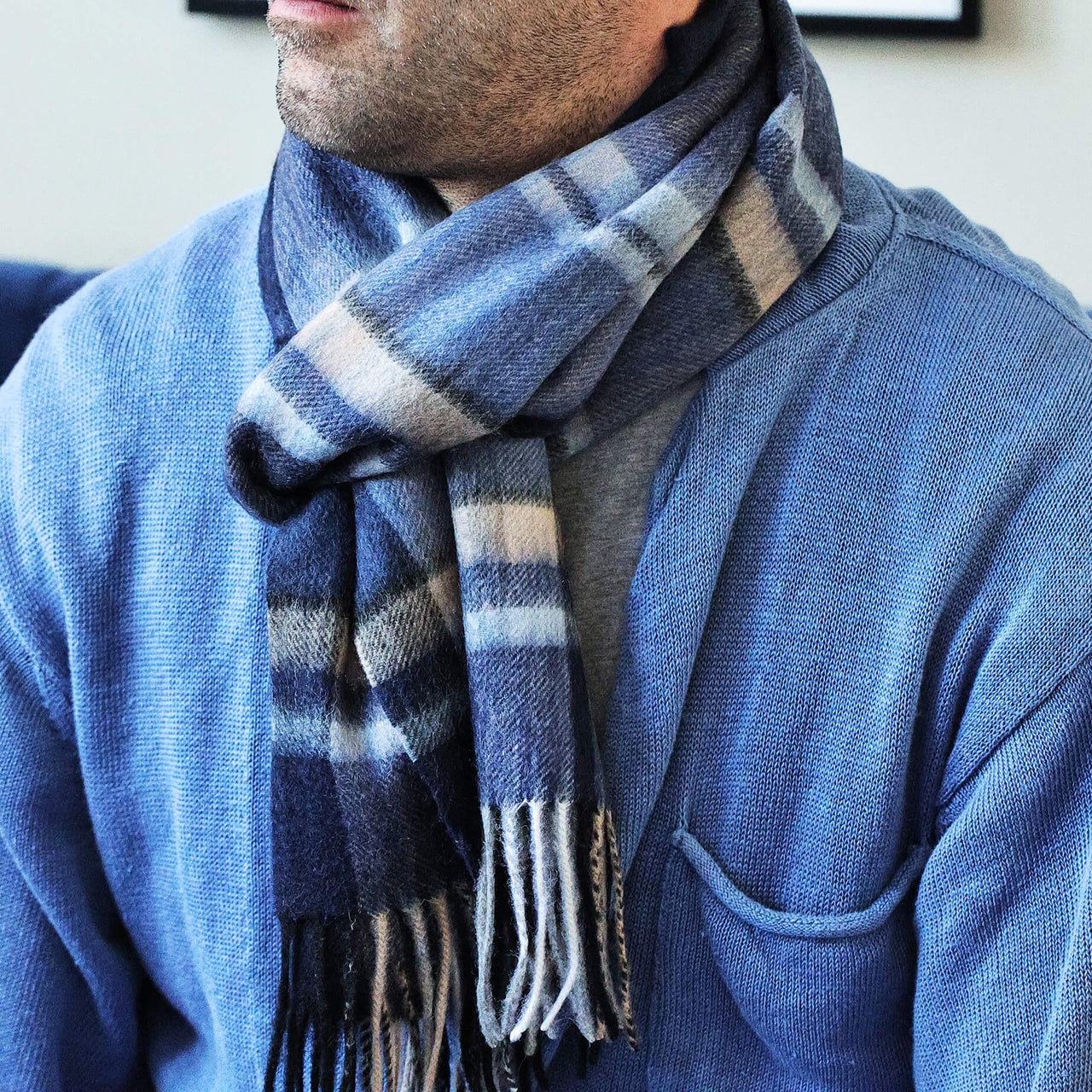Men's Blue Check Wool And Cashmere Blend Scarf