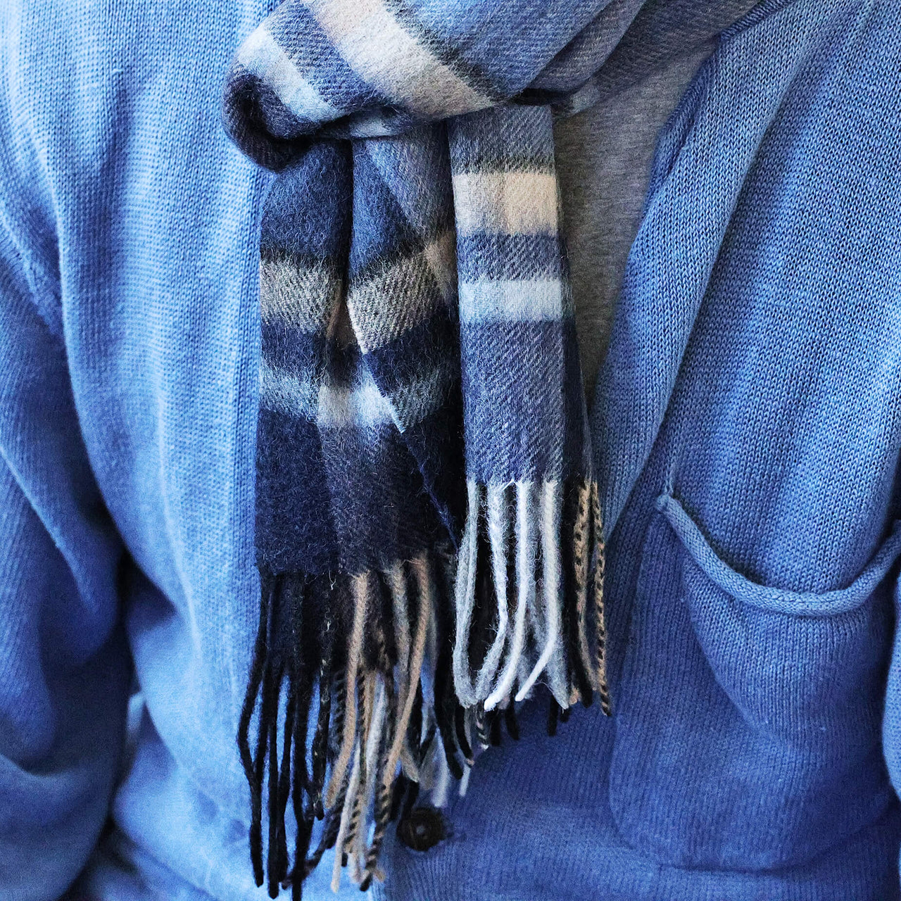 Men's Blue Check Wool And Cashmere Blend Scarf