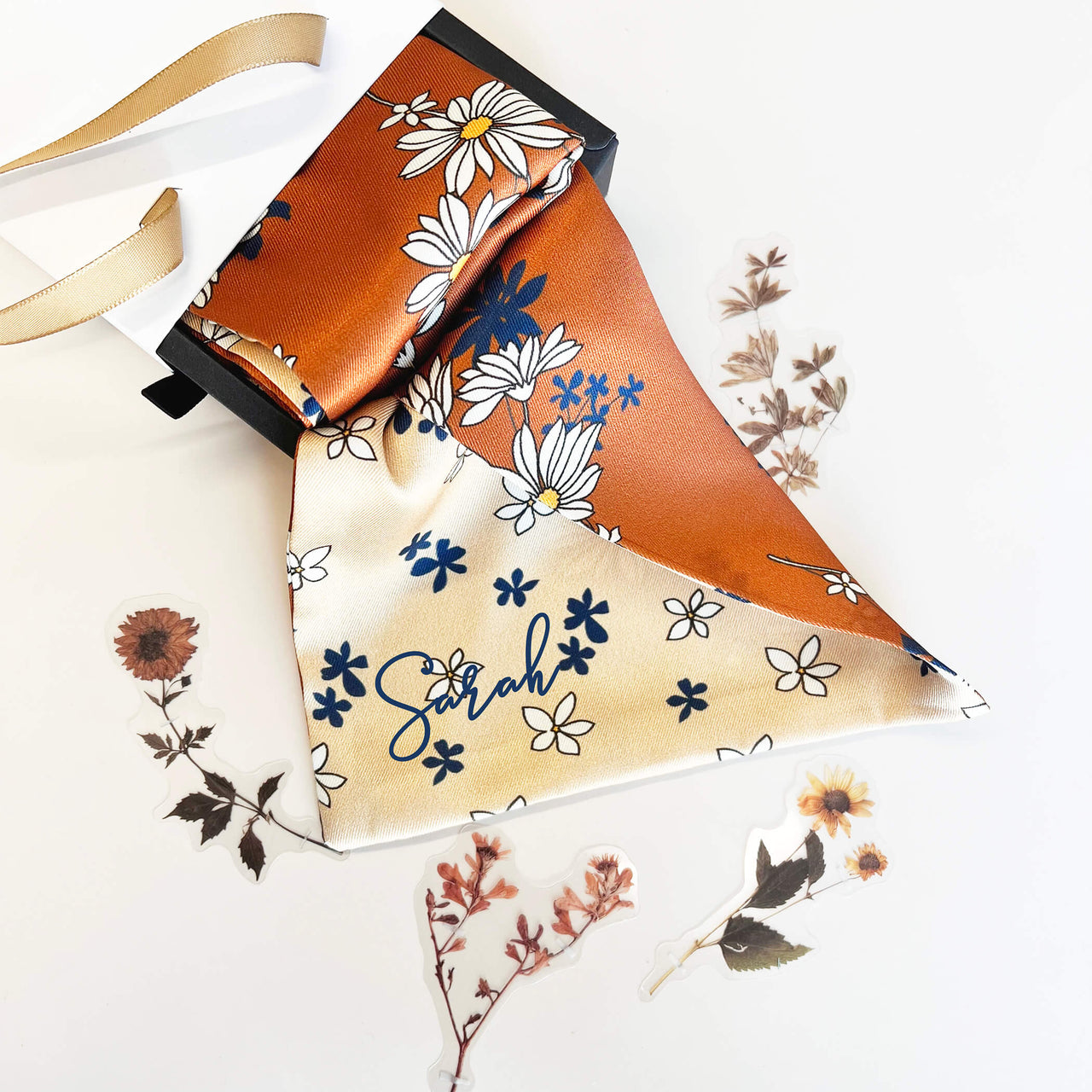 Reversible Brown Beige Floral Neck Silky Tie Scarf