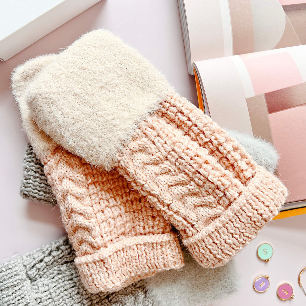 Cosy Cable Mix Herringbone Knit Fingerless Gloves