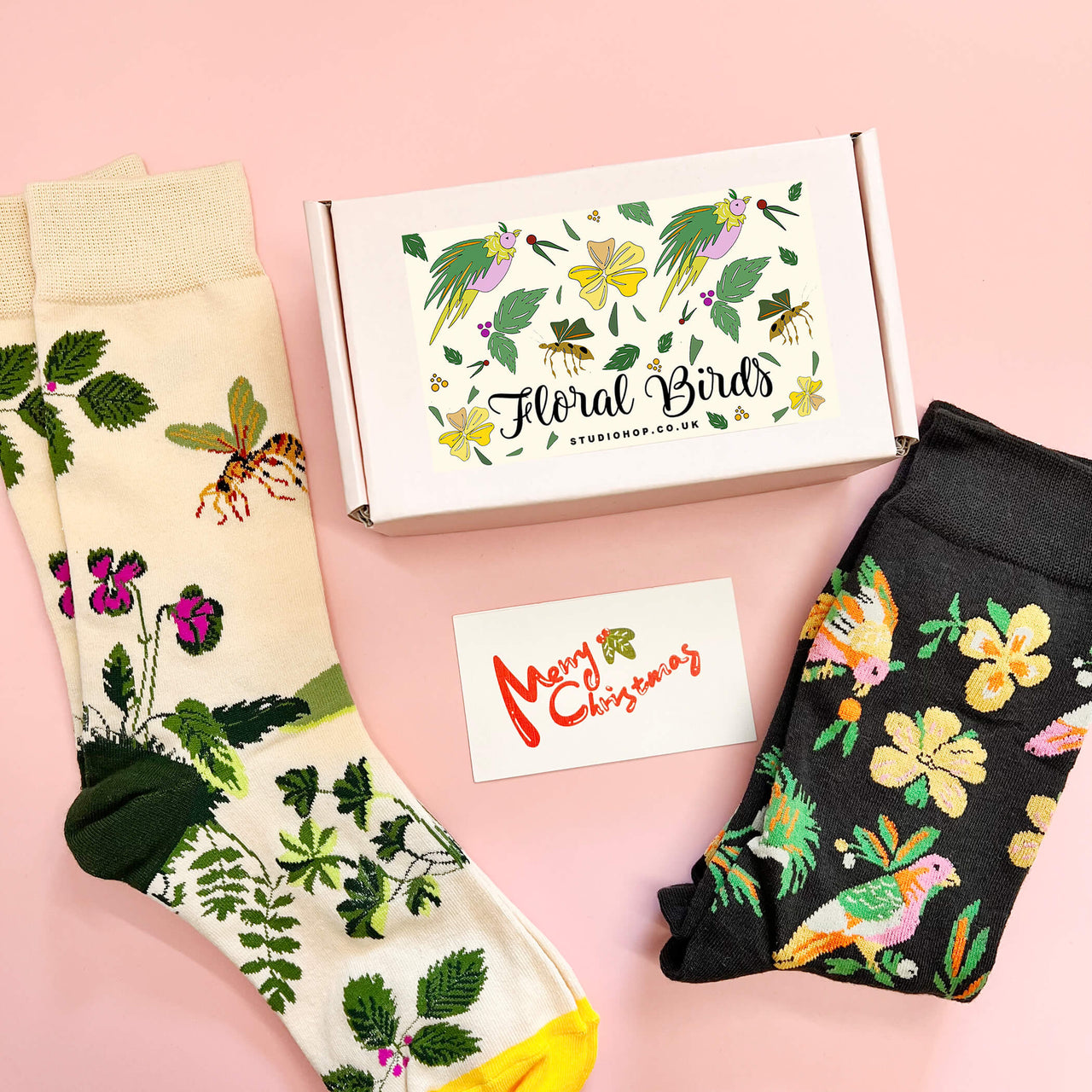 Set Of Two Pairs Floral And Birds Socks In A Box