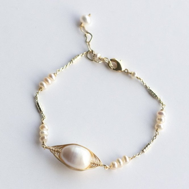 Oval Fresh Water Pearls Delicate Wired Gold Bracelet