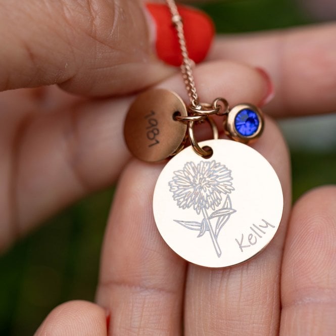 Birth Flower Necklace With Birthstone Charm