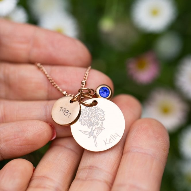 Birth Flower Necklace With Birthstone Charm