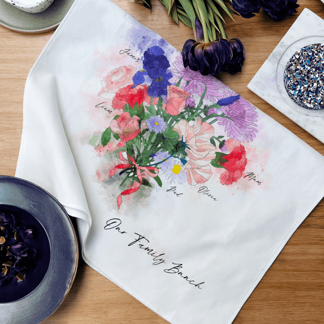 Personalised Family Birth Flower Bouquet Tea Towel