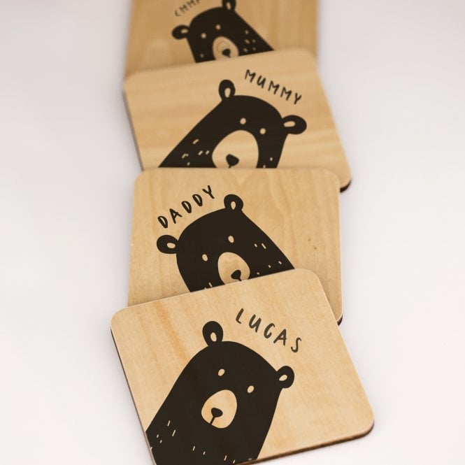 Personalised Bear Family Wooden Coaster Set