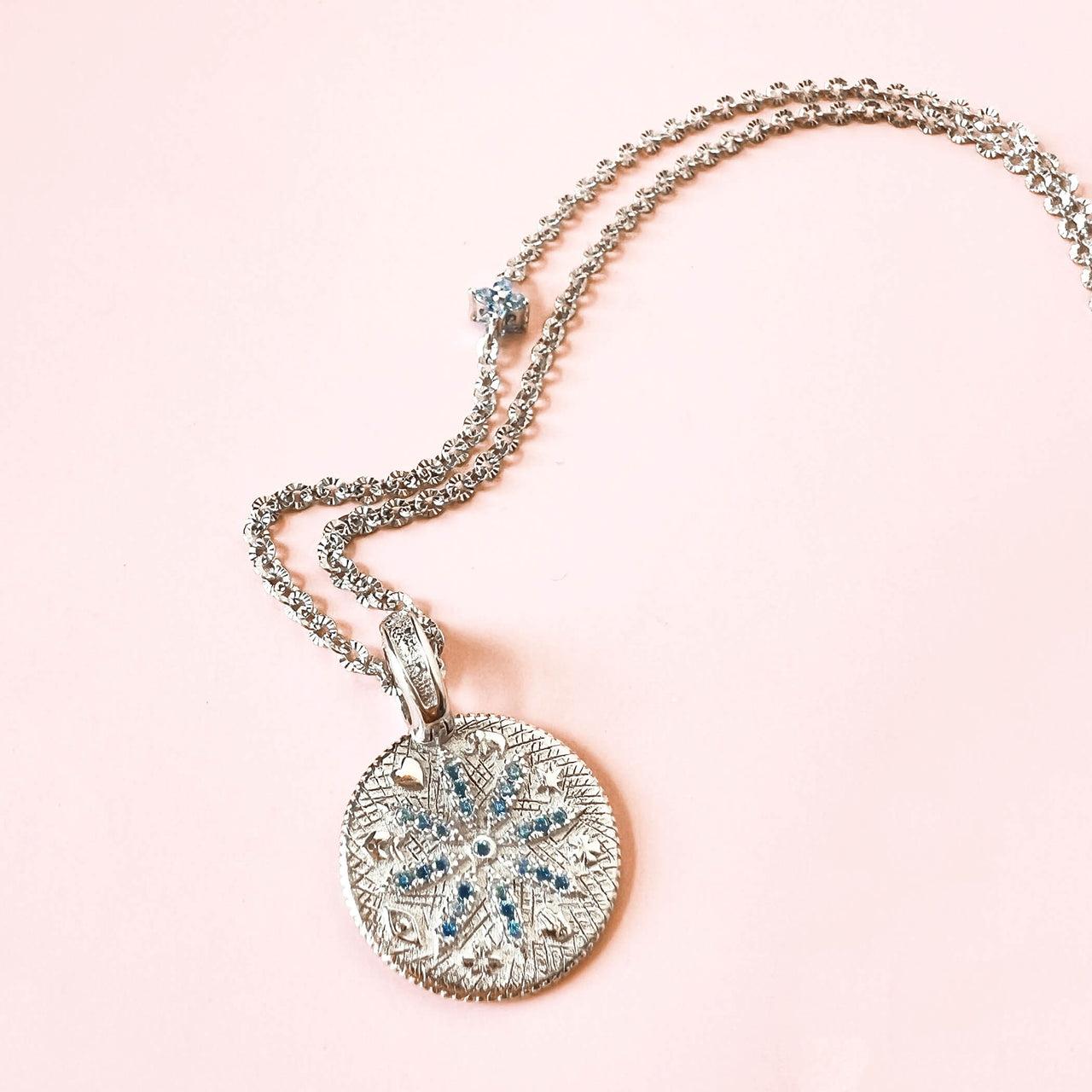 Sterling Silver Blue Topaz Good Luck Wheel Diamond Cut Necklace