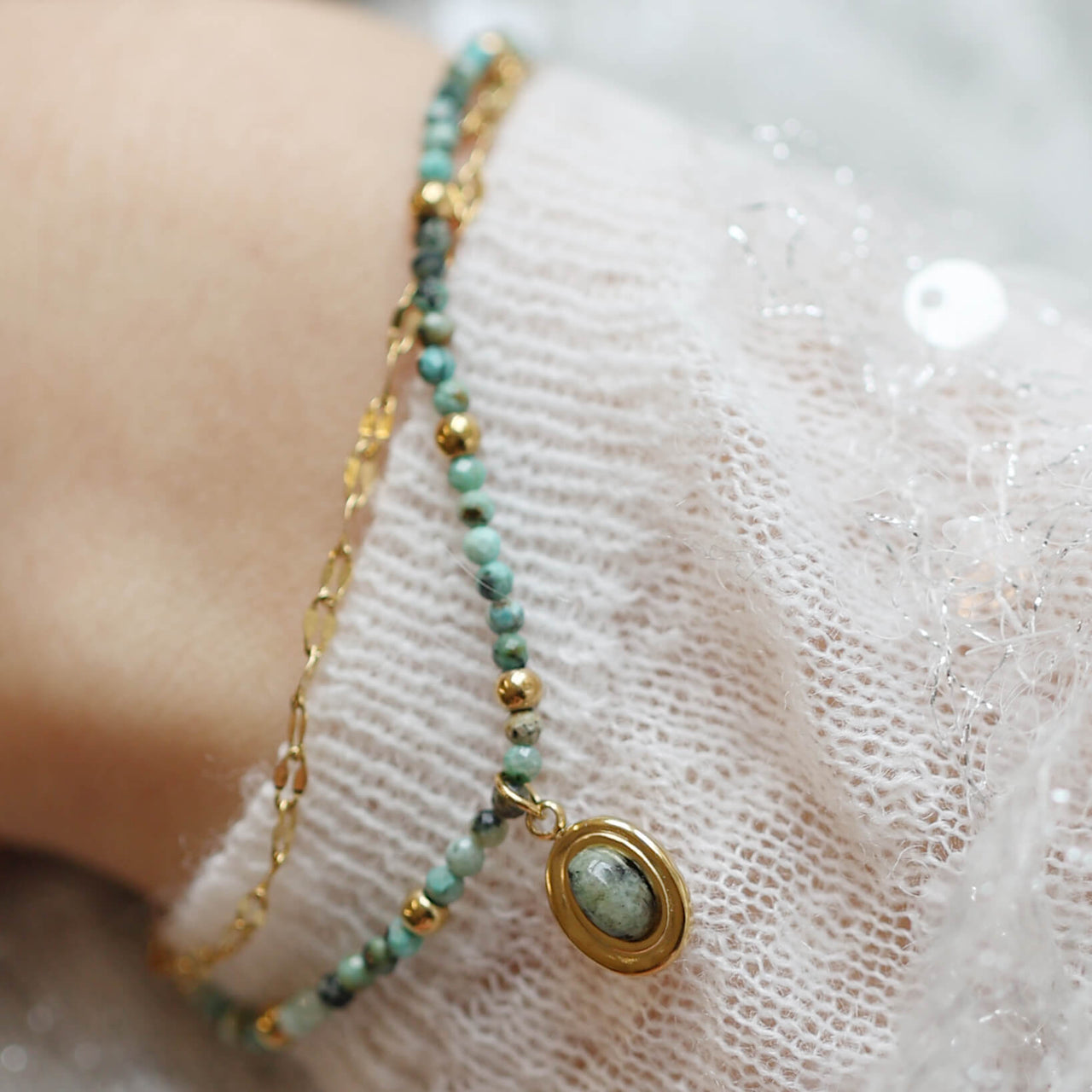 Earth And Gold Double Layered Green Jasper Bracelet