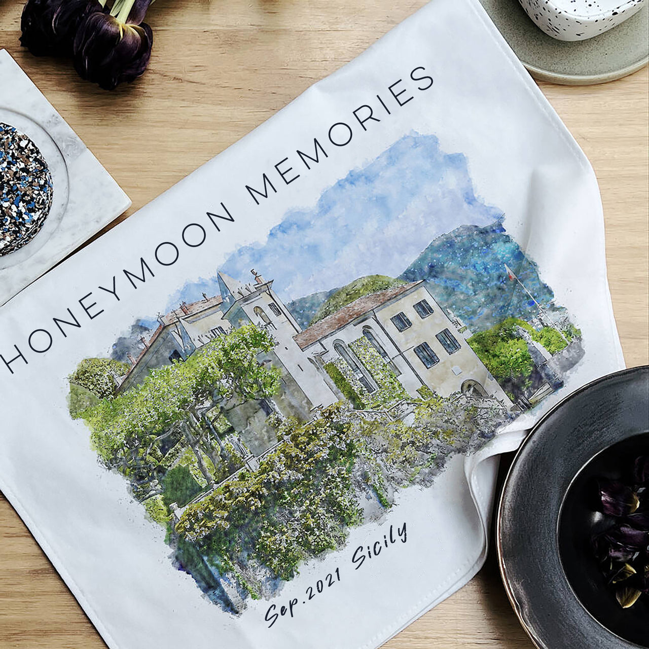 Personalised 'Our Honey Moon' Watercolour Tea Towel