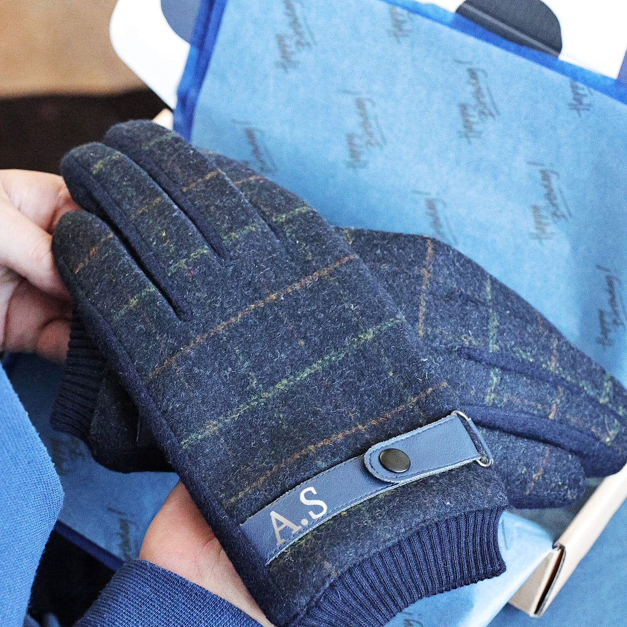 Personalised Men's Check Merino Wool Gloves