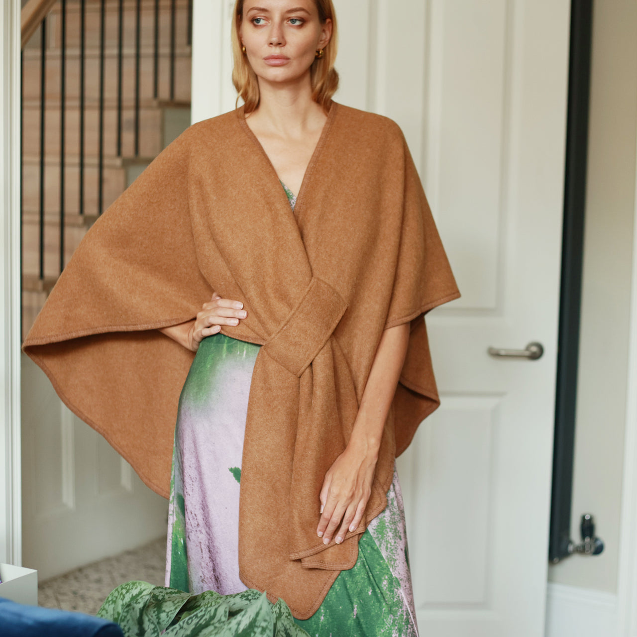 Plain Colour Poncho Wrap Shawl With Knot Detail