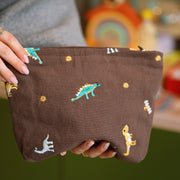 Embroidered Dinosaur Motif Cotton Make Up Bag