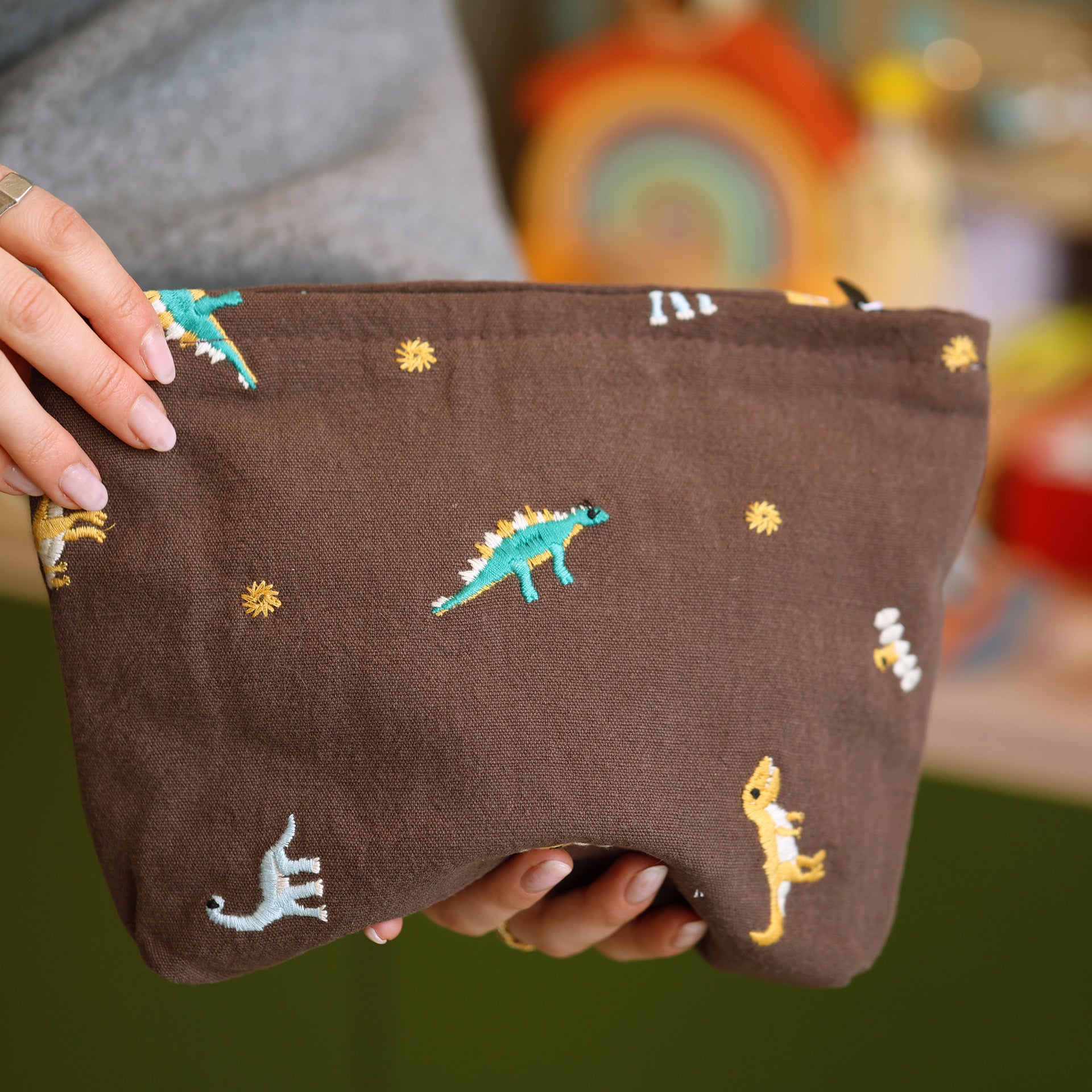 Embroidered Dinosaur Motif Cotton Make Up Bag