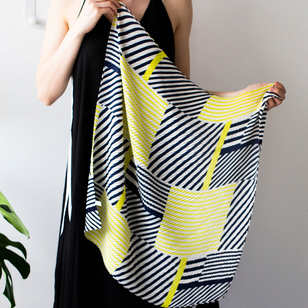 Navy And Yellow Contrasts Pleated Square Silky Scarf
