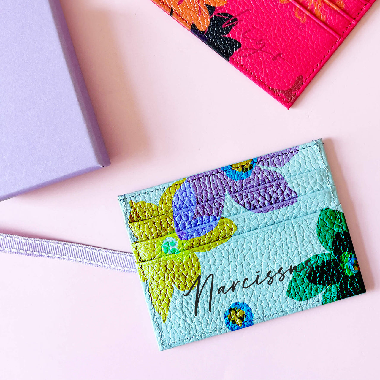 Birth Flower With Personalised Name Cow Leather Card Holder