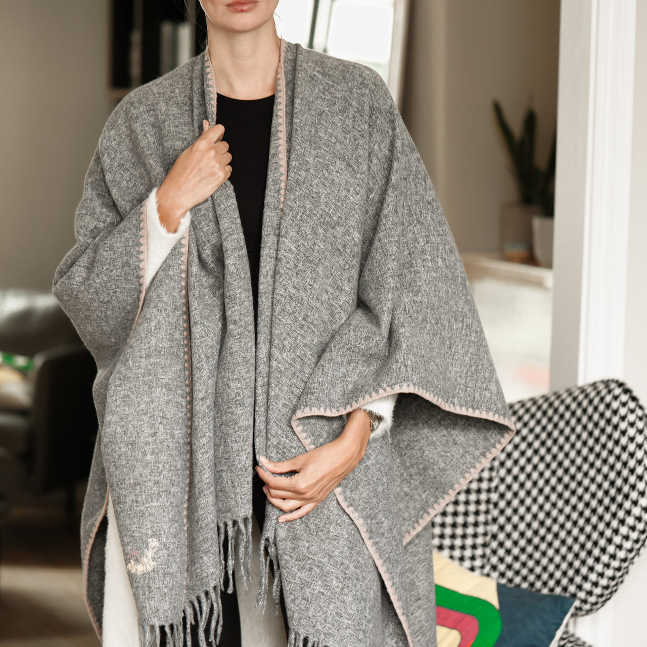 Huckaback Swedish Weave Poncho With Overlock Stitch