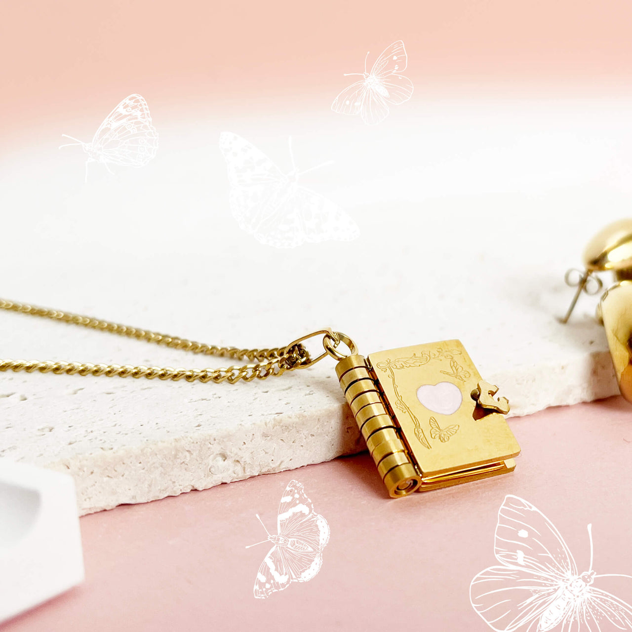 Personalised Butterfly Pink Heart Book Necklace Engraved With Message