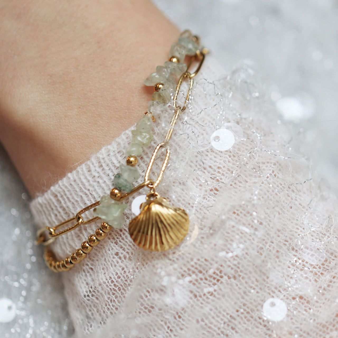 Natural Stone Chunky Link Chain Clam Shell Bracelet