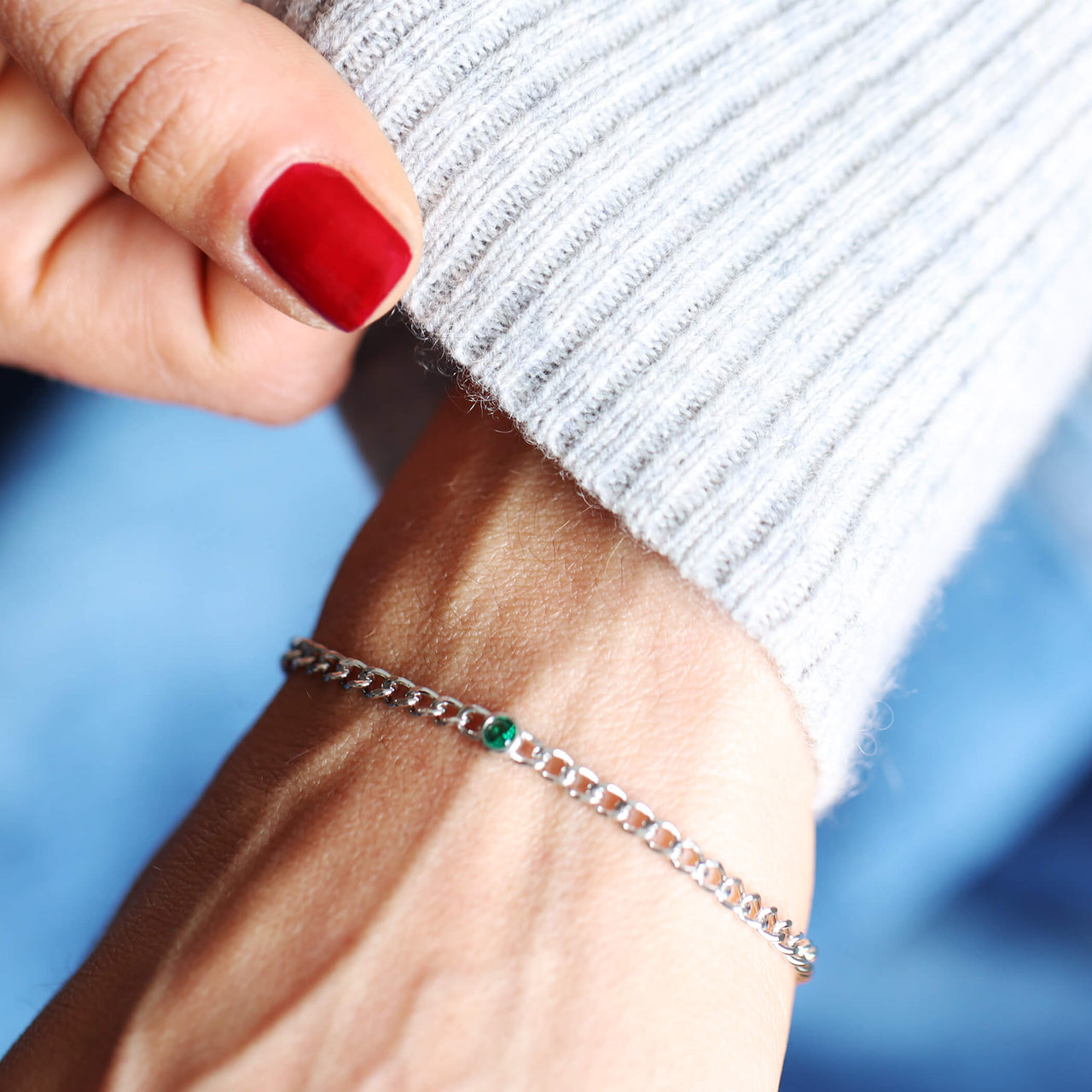 18 Ct Gold Vermeil Silver Green Cz Curb Chain Bracelet
