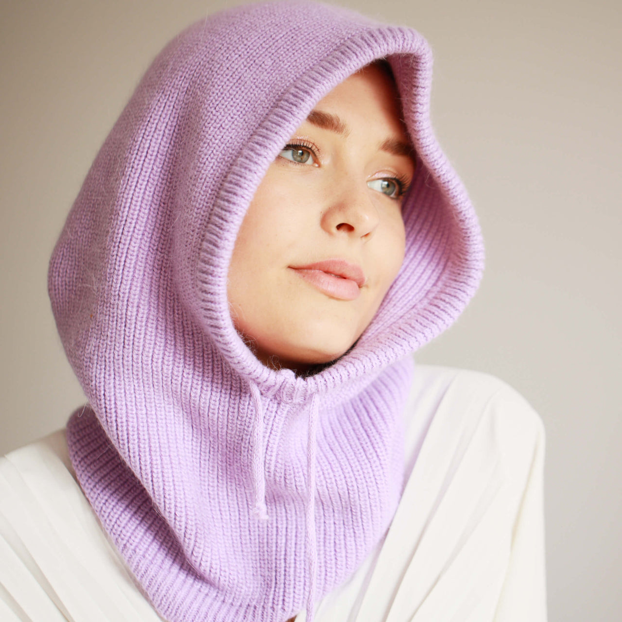 Rib Knit Fine Angora Wool Hooded Hat Snood With Pull Strings