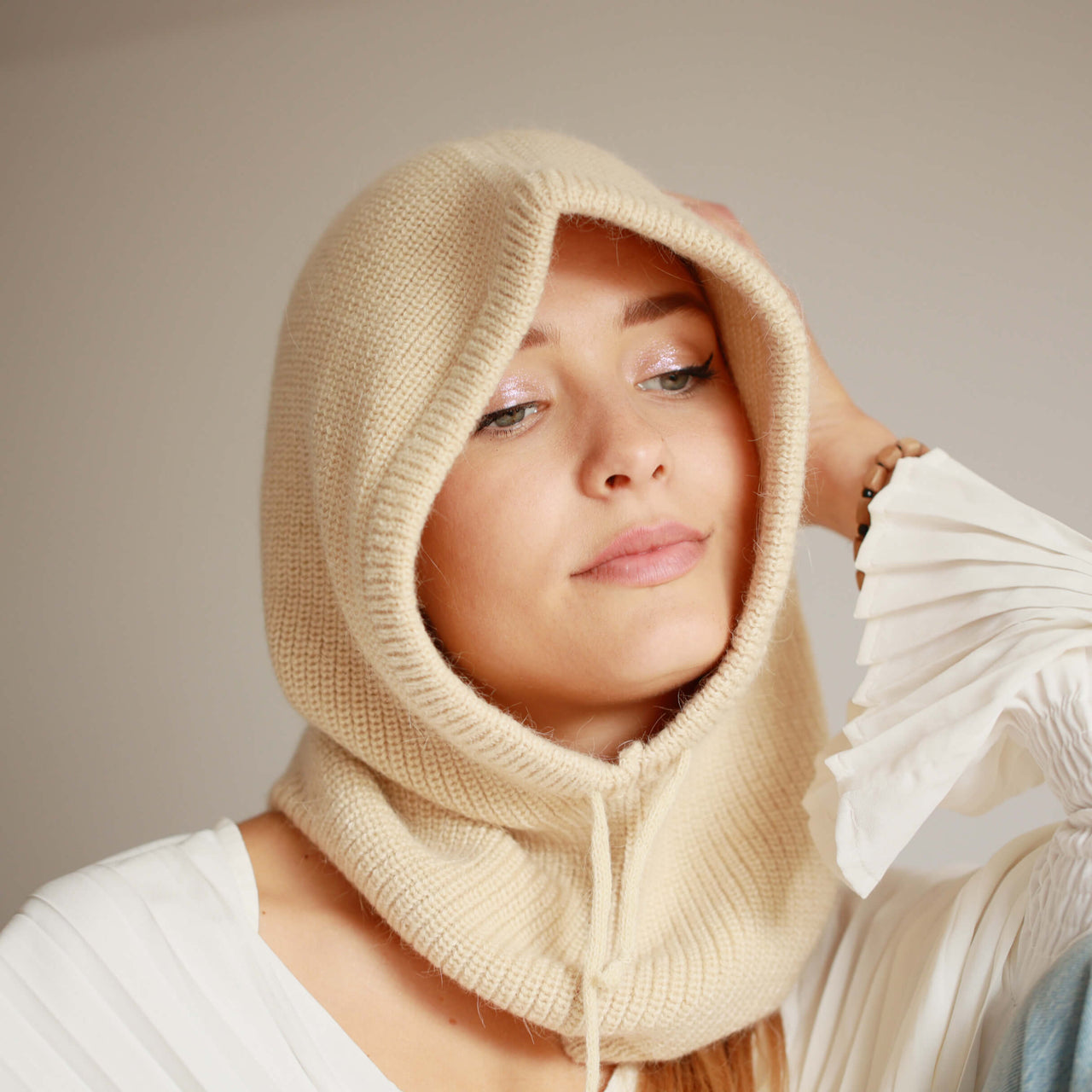 Rib Knit Fine Angora Wool Hooded Hat Snood With Pull Strings