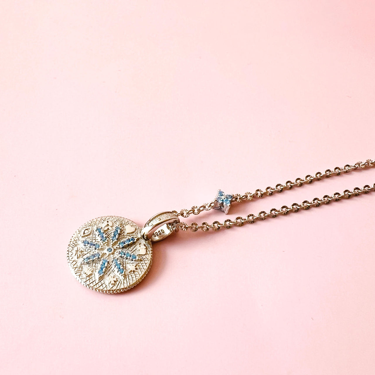 Sterling Silver Blue Topaz Good Luck Wheel Diamond Cut Necklace