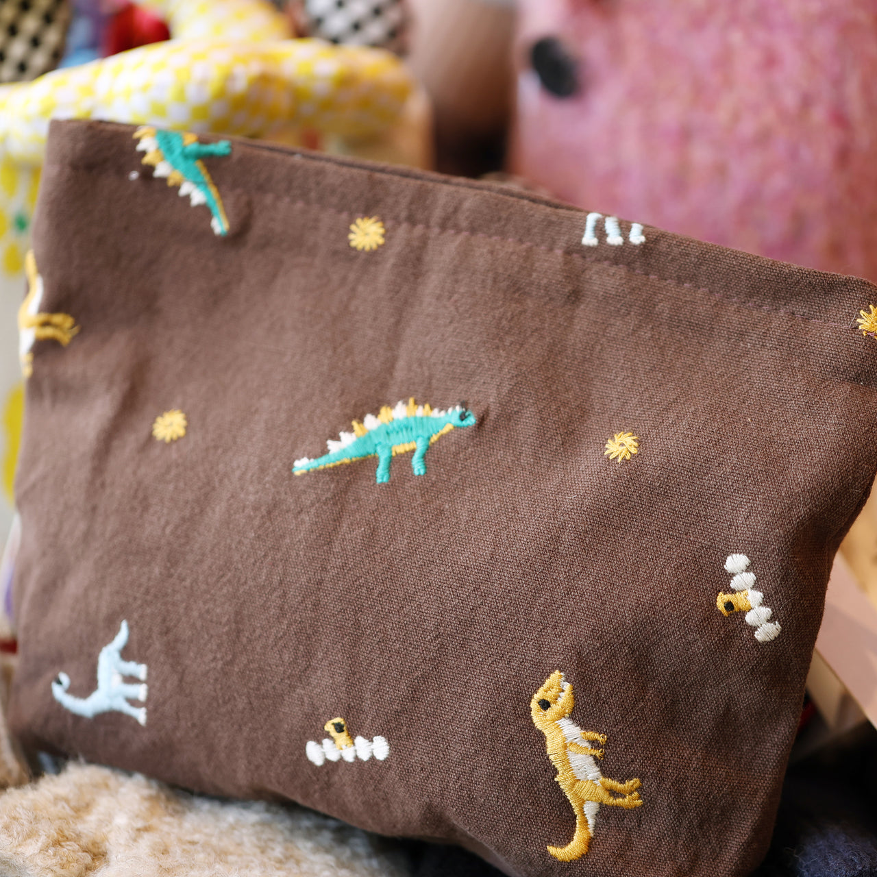 Embroidered Dinosaur Motif Cotton Make Up Bag