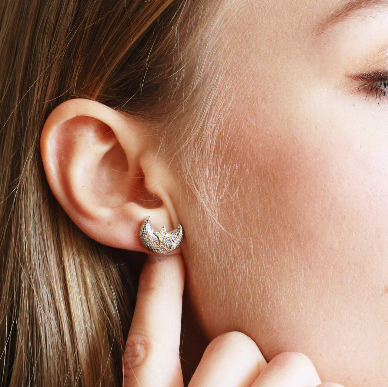 Moon And Star Sterling Silver Ear Studs