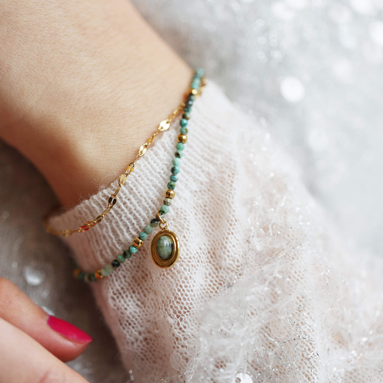 Earth And Gold Double Layered Green Jasper Bracelet