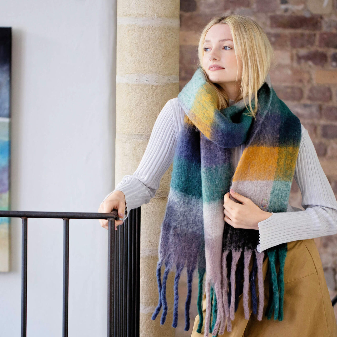 Colour Block Chunky Squares Check Blanket Scarf