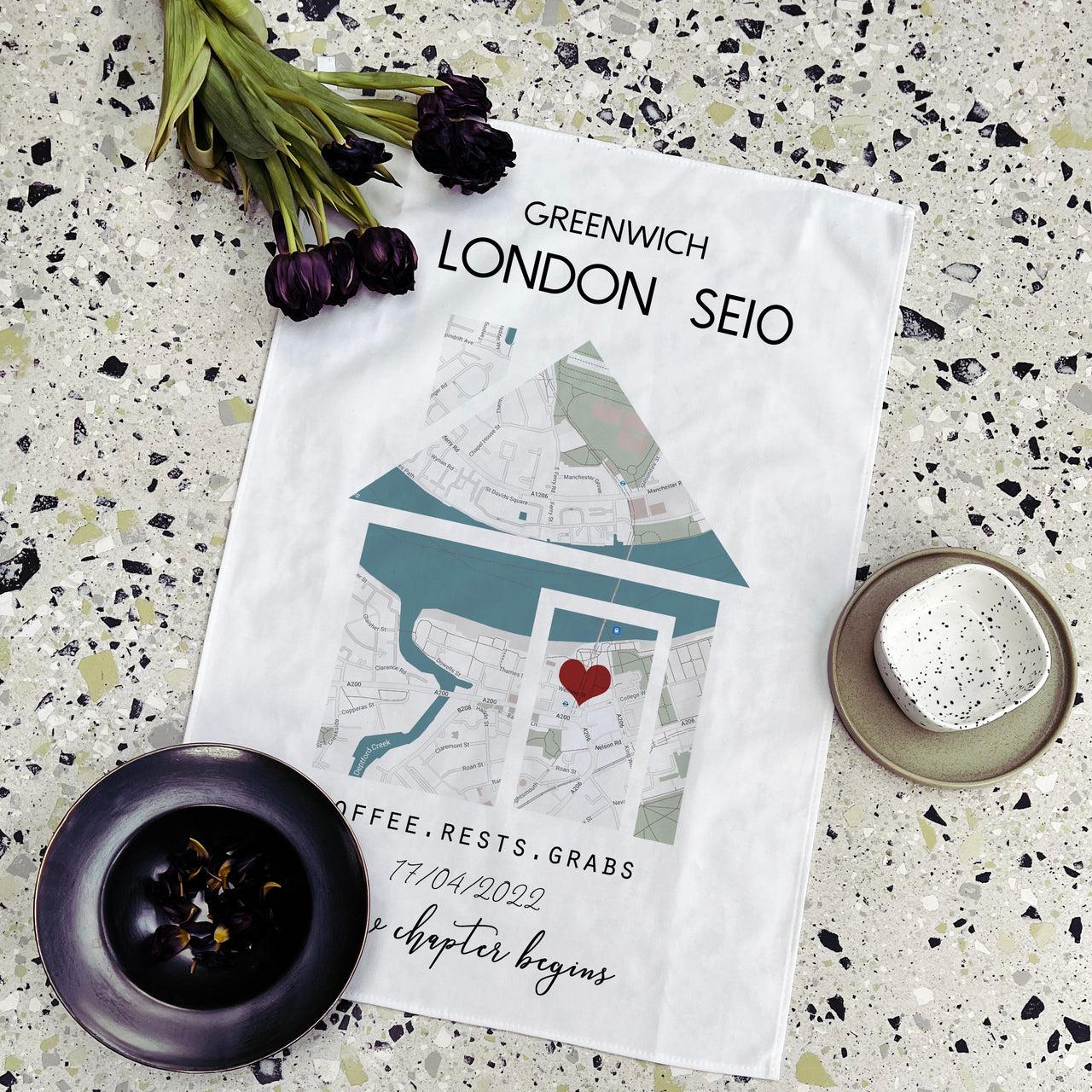 Our Home Location Map Personalised Tea Towel