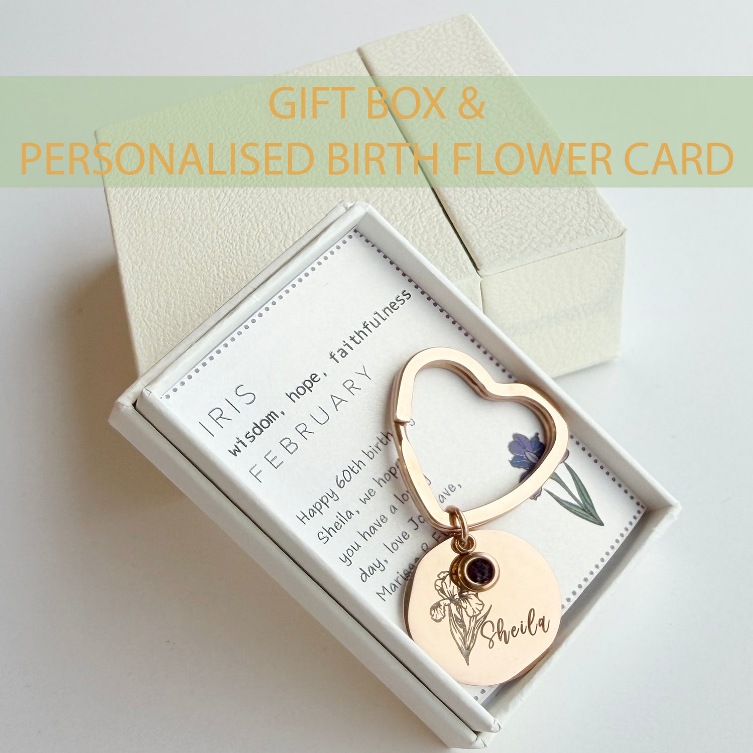 Personalised Birth Flower Birthstone Keyring Gift Box