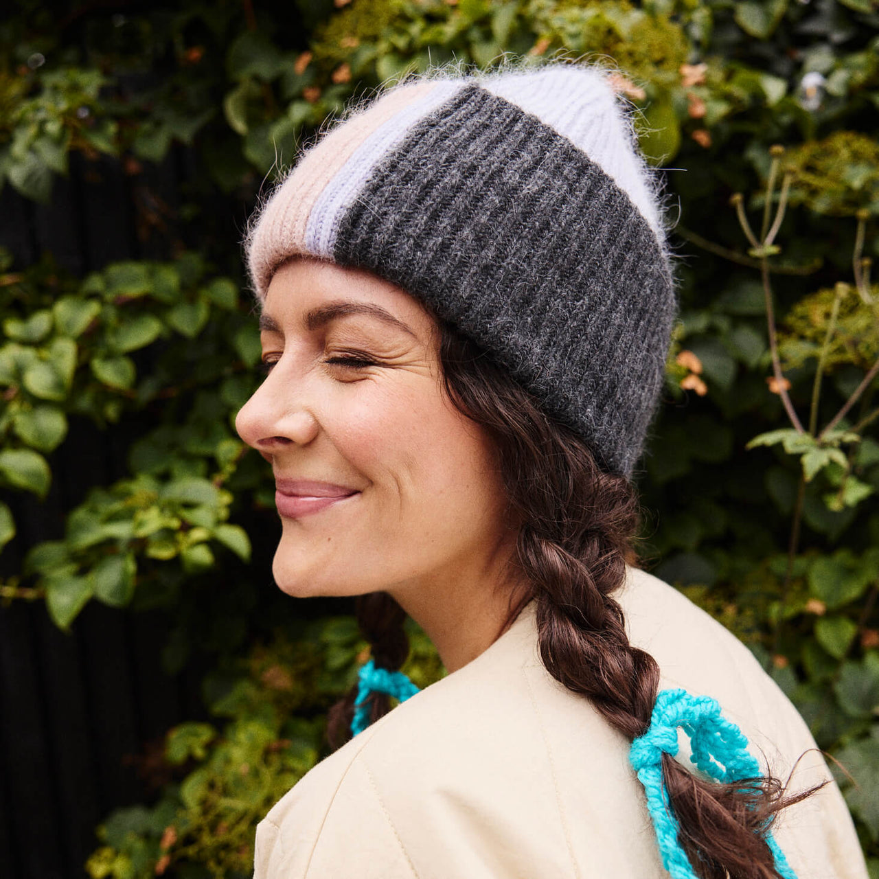 Colour Block Angora Knit Beanie Hat