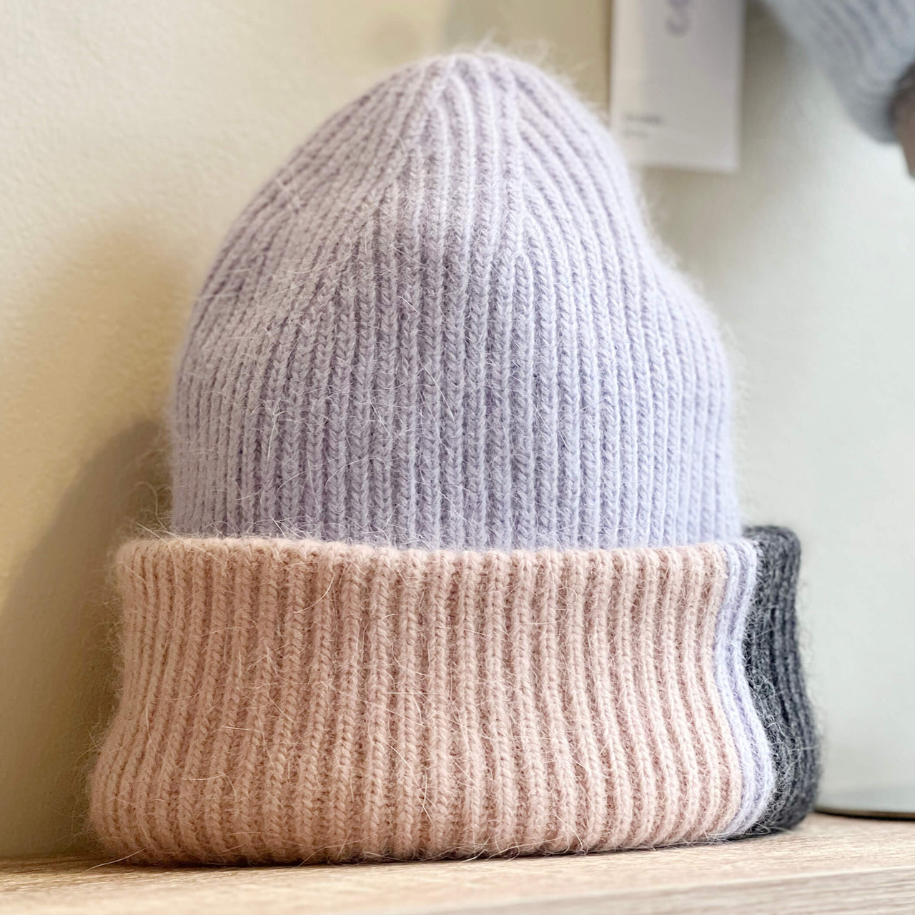 Colour Block Angora Knit Beanie Hat