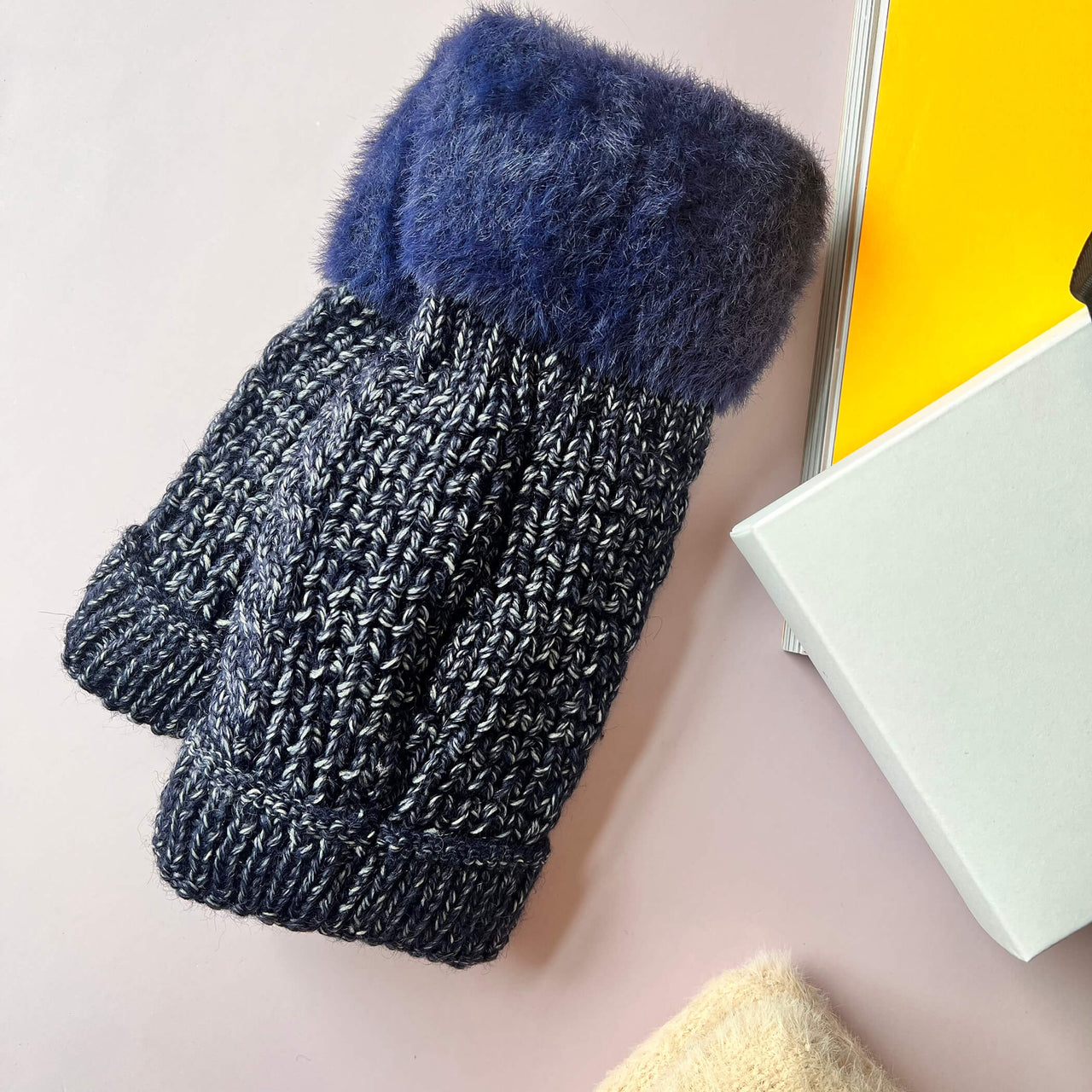 Herringbone Mixed Cable Knit Fluffy Finish Hand Warmers