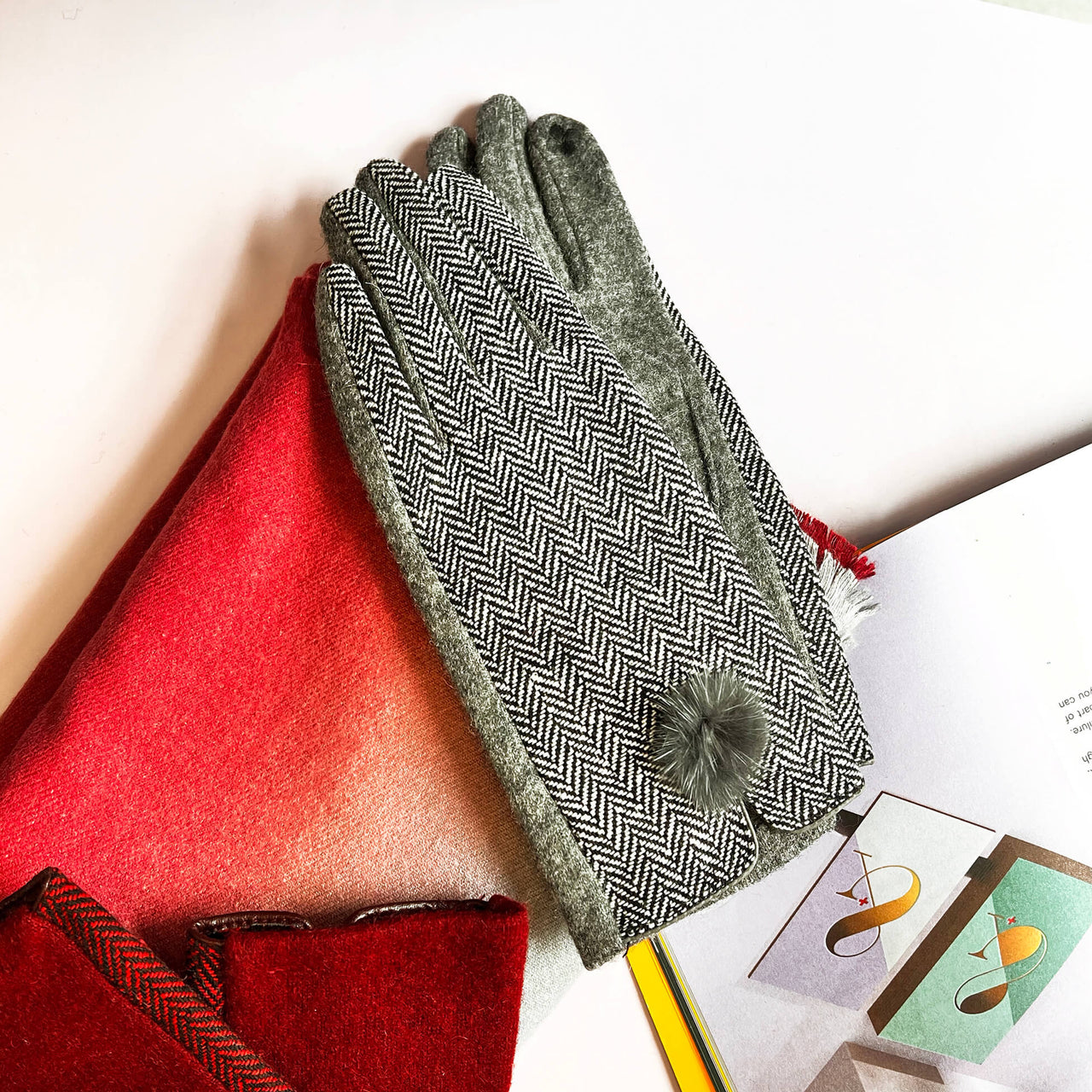 Merino Wool Herringbone Pom Pom Touch Screen Gloves