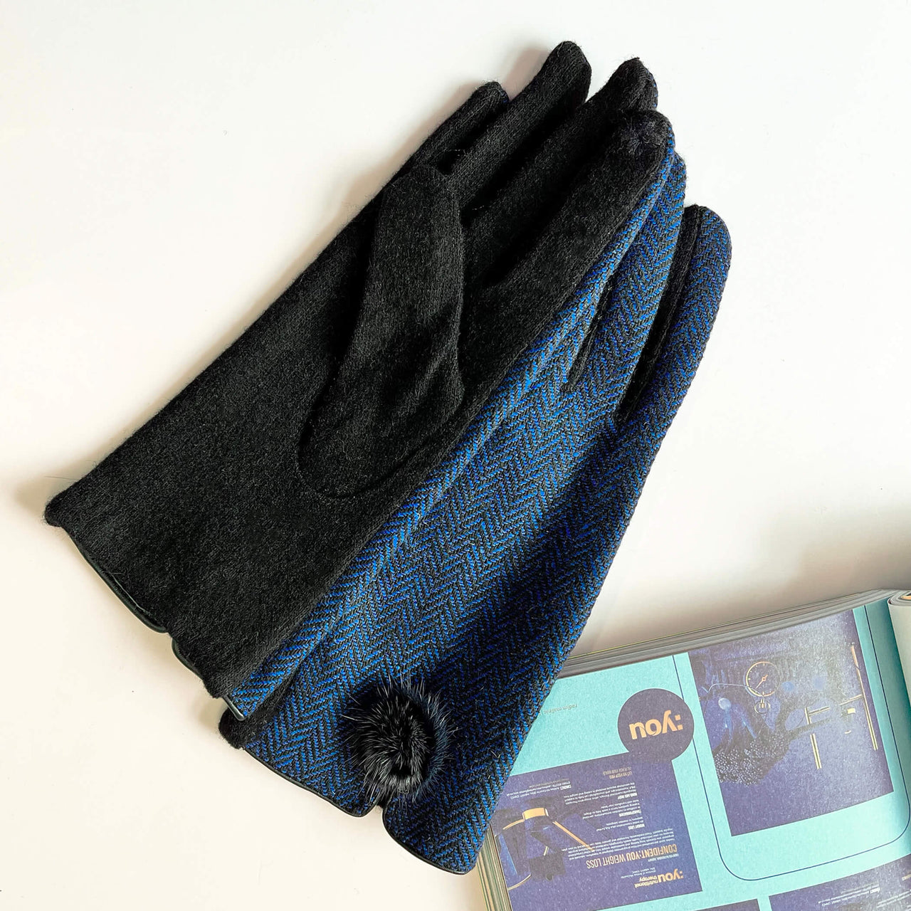 Merino Wool Herringbone Pom Pom Touch Screen Gloves