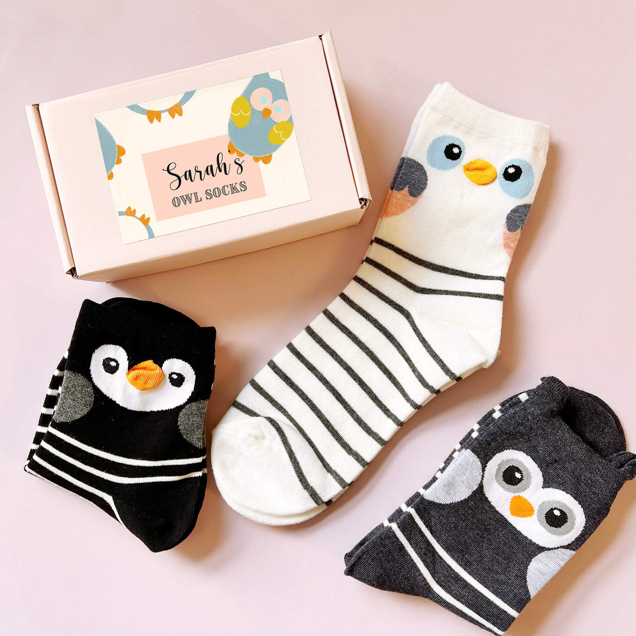 Personalised Striped Owl Three Pairs Of Socks In A Gift Box