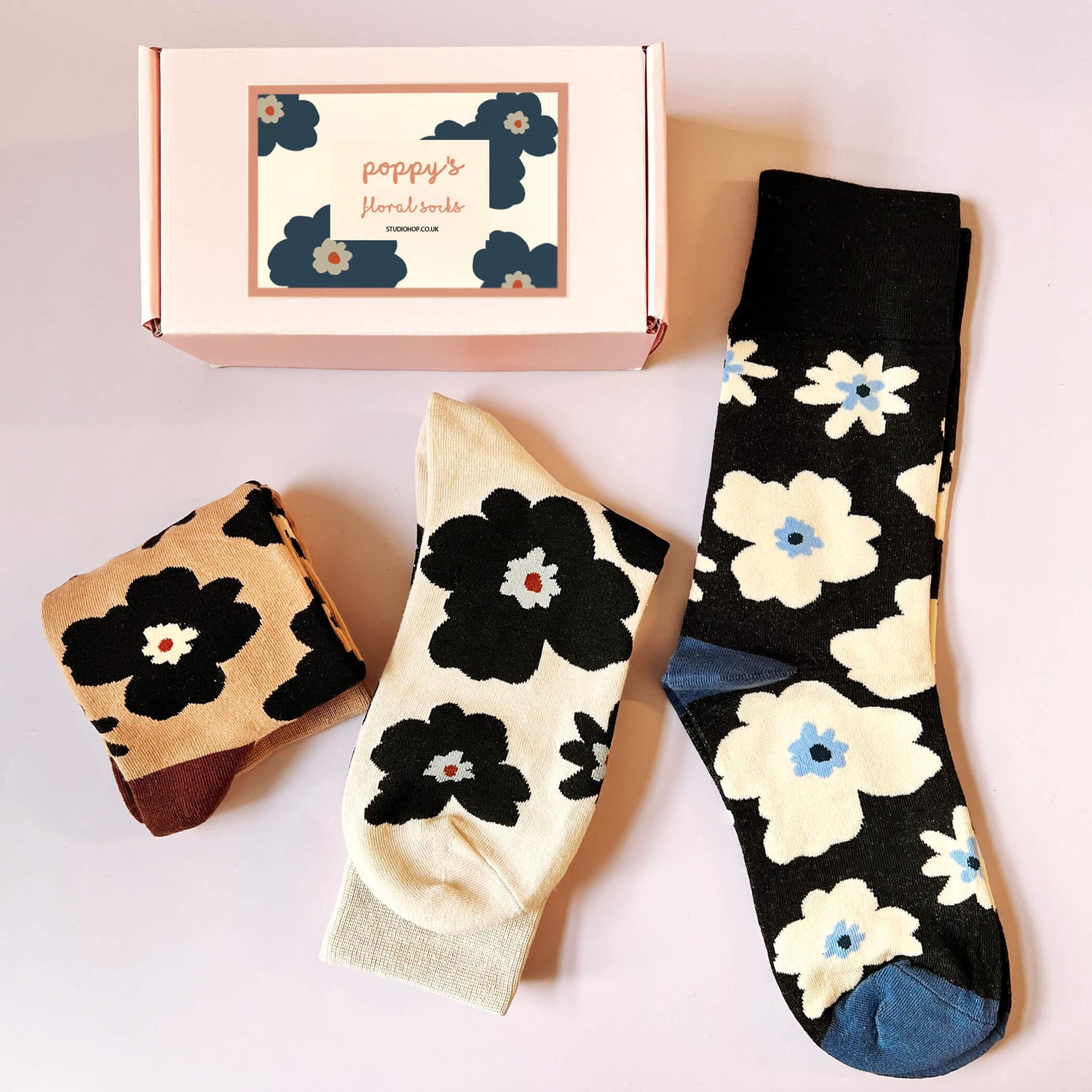 Personalised Poppy Floral Three Pairs Socks Box