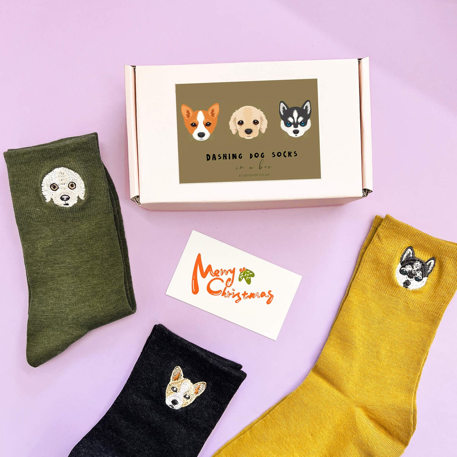 Embroidered Darned Dogs Three Pairs Socks Box