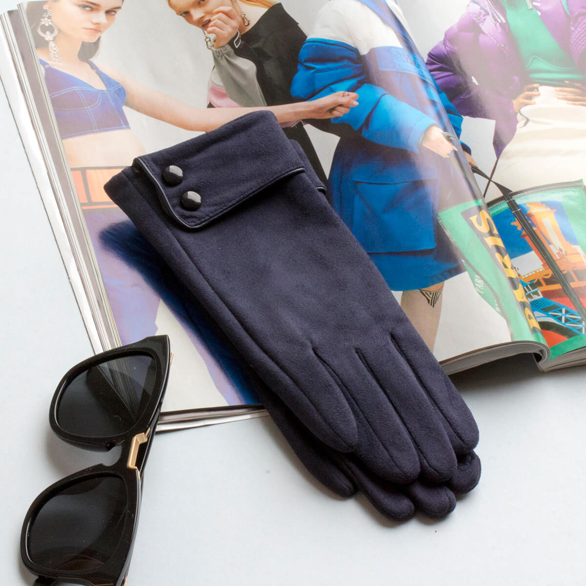 Suede Double Button Folded Cuff Touch Screen Gloves