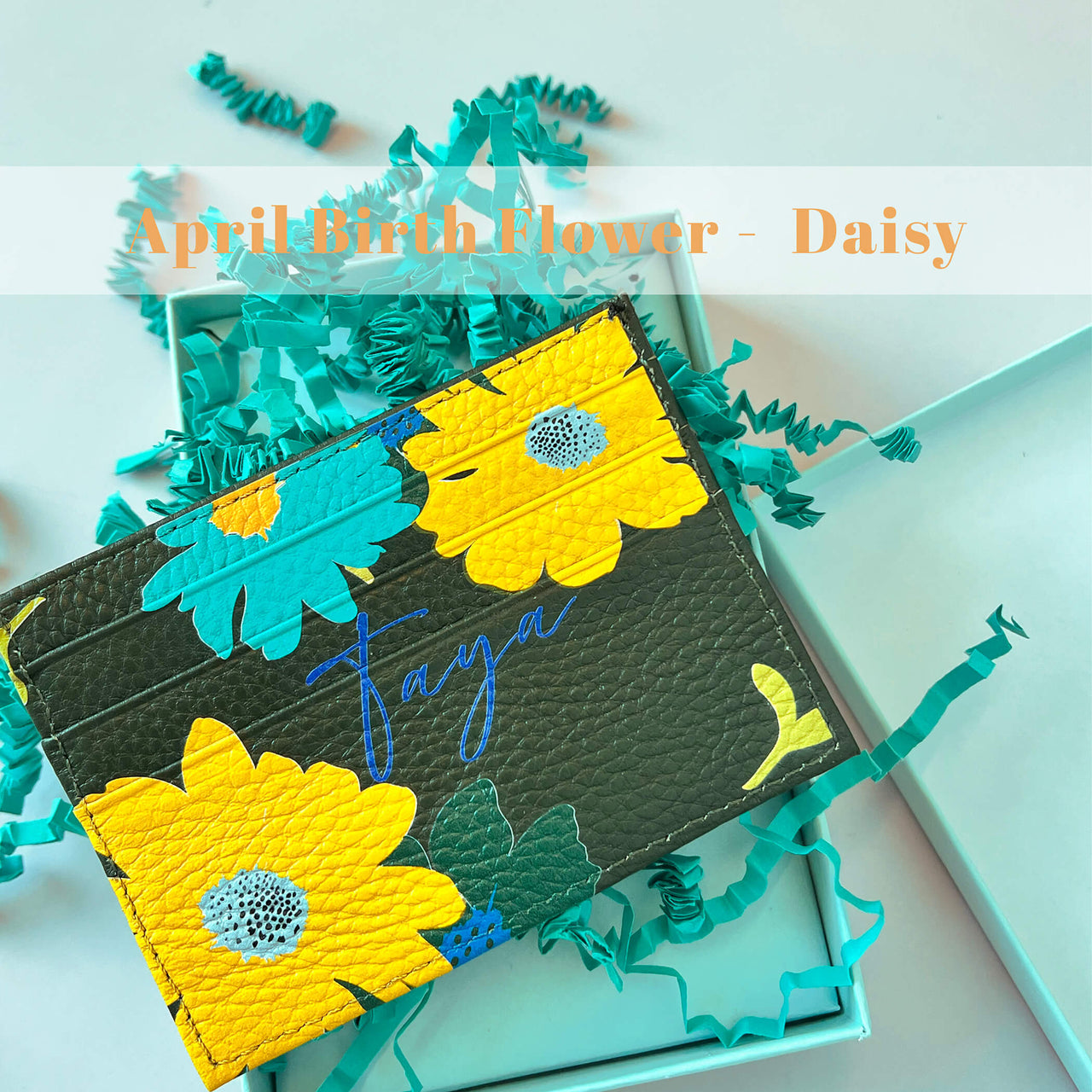 Birth Flower With Personalised Name Cow Leather Card Holder