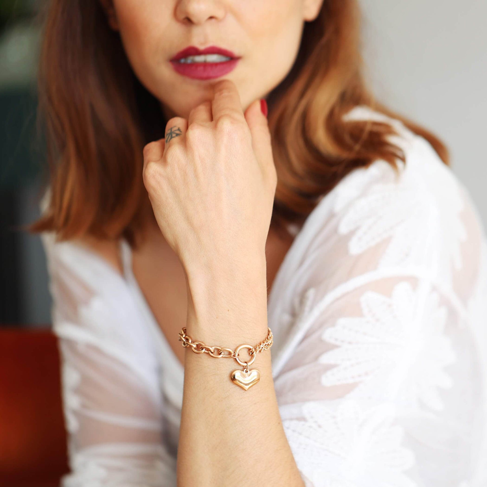Chunky Link Bold Heart Chain Bracelet In Rose Gold