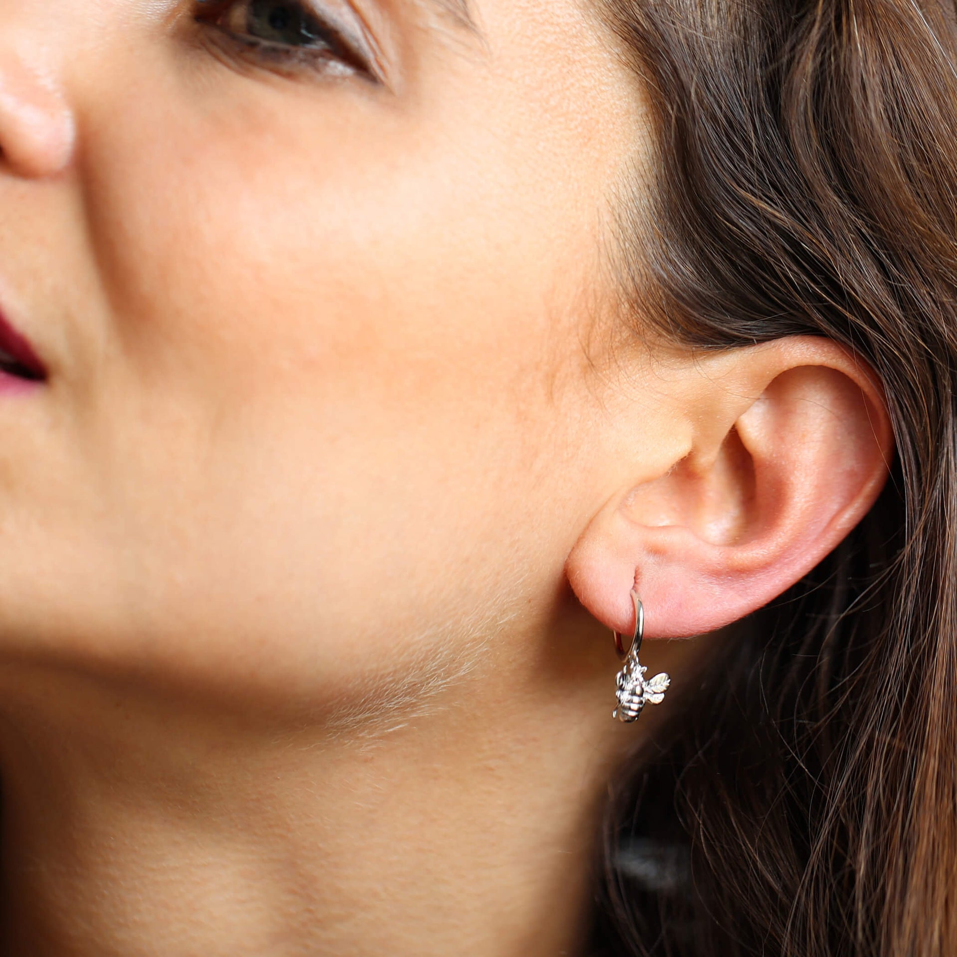 Sterling Silver Delicate Bee Charm Hoop Earrings