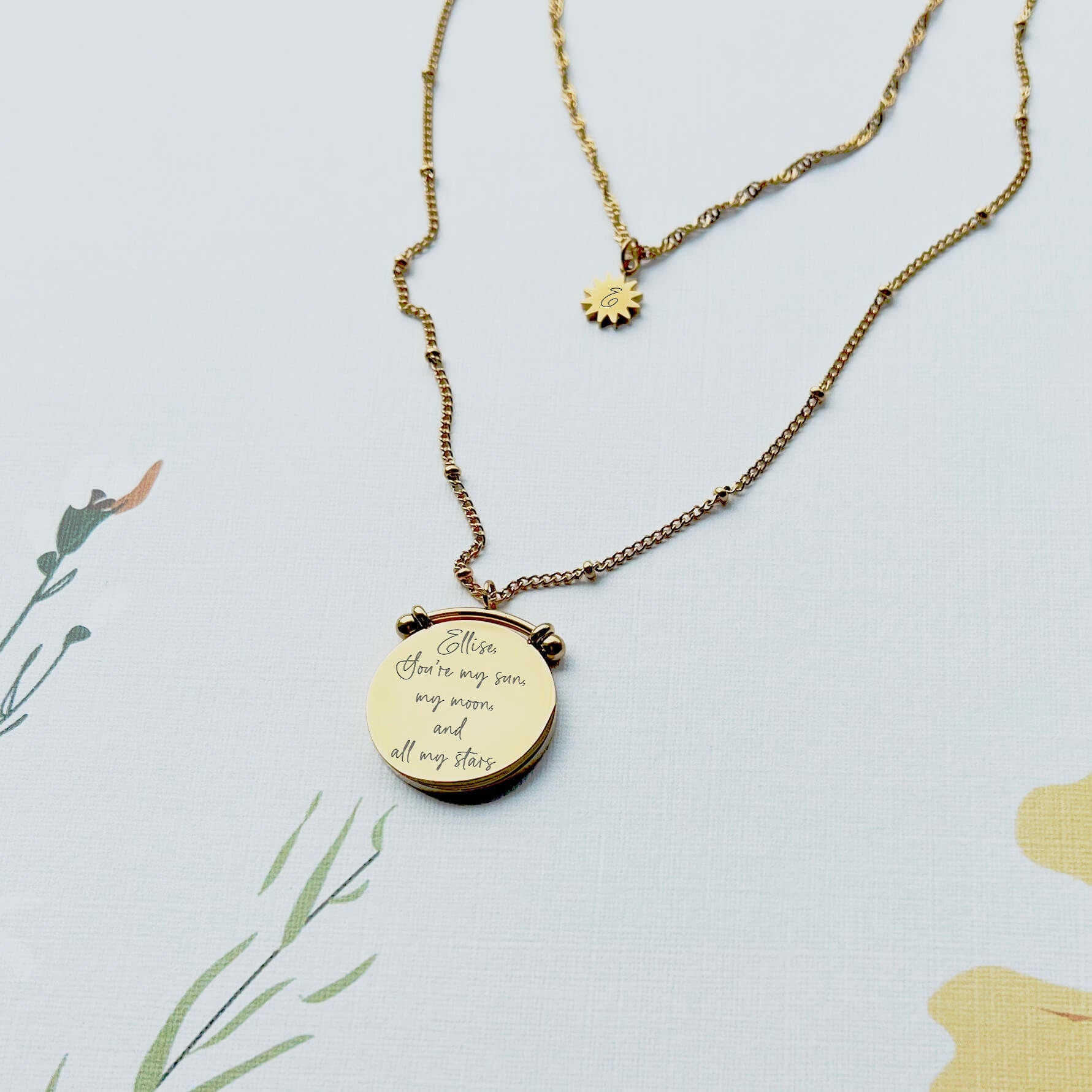 Spinning North Star Duo Chains Pendant Necklace | Birthday Gift For Her | Engraved Customised Necklace | Engraved Name Jewellery
