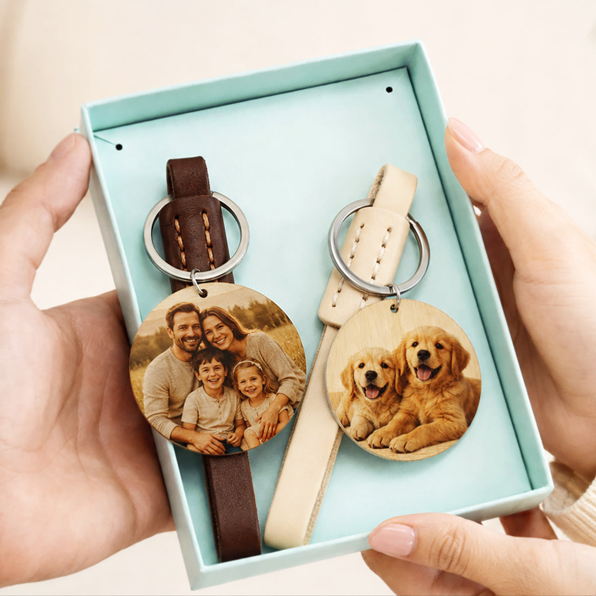 Ladies Stitched Leather Photo Keyring