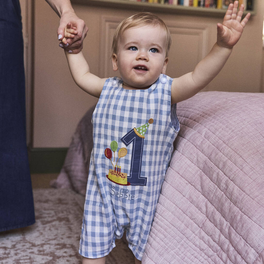 Baby Boy’s First Birthday Romper – Blue Gingham Cotton - image 1