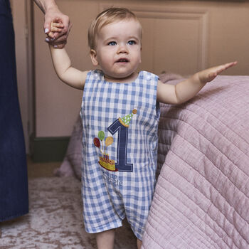 Baby Boy’s First Birthday Romper – Blue Gingham Cotton - image 2