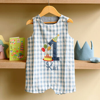 Baby Boy’s First Birthday Romper – Blue Gingham Cotton - image 3