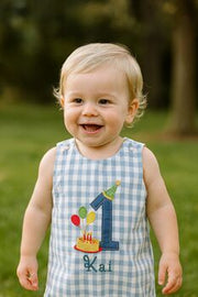 Baby Boy’s First Birthday Romper – Blue Gingham Cotton - image 4